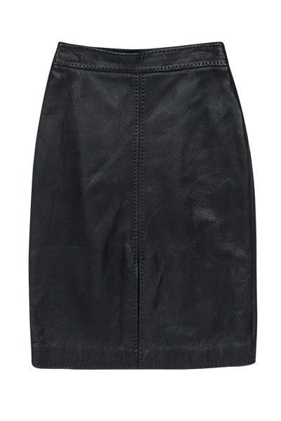 Current Boutique-Loro Piana - Black Pebbled Leather Pencil Skirt w/ Front Slit Sz 6