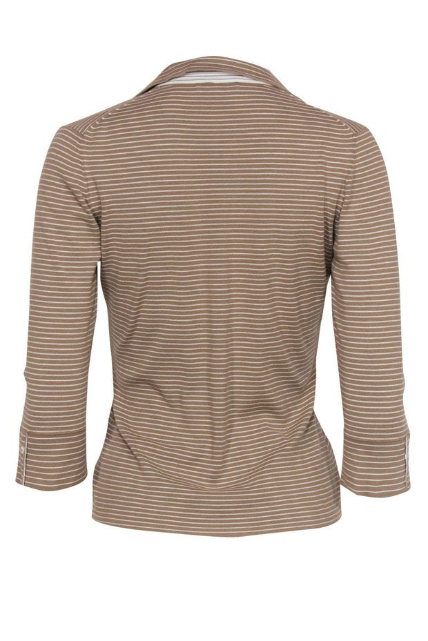 Current Boutique-Loro Piana - Tan & White Striped Henley-Style Quarter Sleeve Polo Sz 6