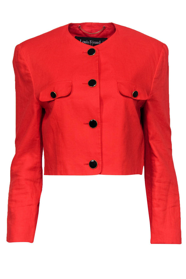 Current Boutique-Louis Feraud - Bright Orange Cropped Blazer w/ Black Buttons Sz 8