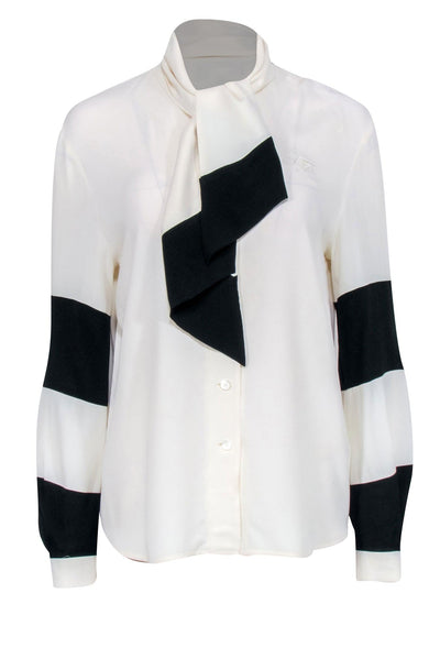 Current Boutique-Louis Feraud - Cream & Black Colorblocked Long Sleeve Silk Blend Blouse w/ Tie Sz 4