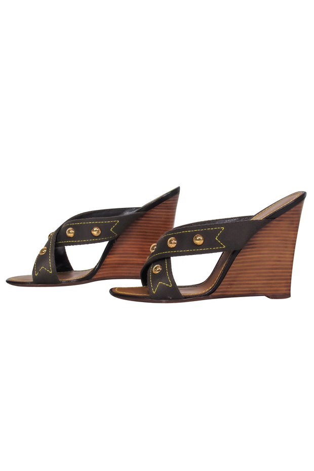 Current Boutique-Louis Vuitton - Brown Crisscross Strap Wedges w/ Gold Studs Sz 8.5