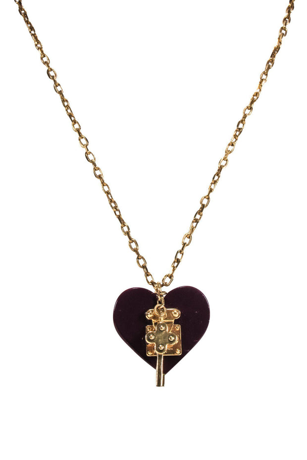 Current Boutique-Louis Vuitton - Maroon & Gold Lock Heart Pendant Necklace