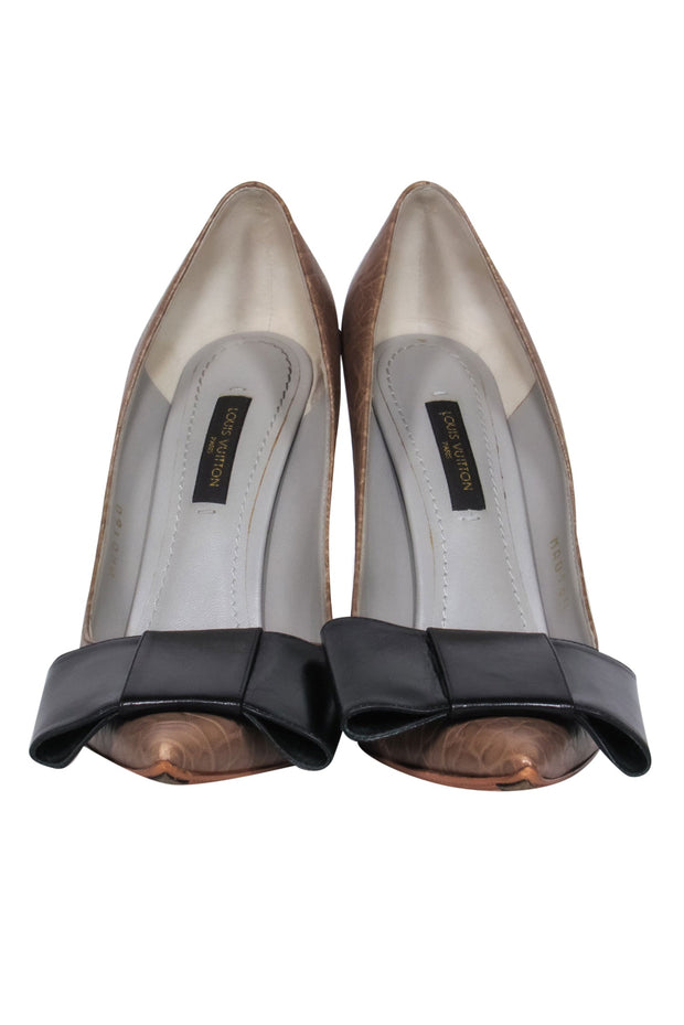 Louis Vuitton - Taupe Leather Bow Pumps w/ Block Heel Sz 8