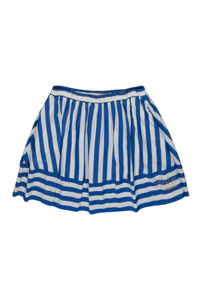 Current Boutique-Love Moschino - Blue & White Striped Skater Skirt w/ Rhinestone & Embroidered Logo Sz 6