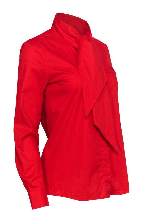 Current Boutique-Love Moschino - Red Cotton Button-Up Blouse w/ Tie Neck & Pin Sz 4