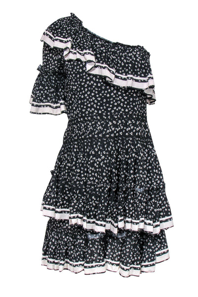 Current Boutique-Love Sam - Black & Grey Floral Print One-Shoulder Ruffle Tiered Dress Sz S