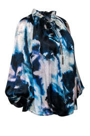 Current Boutique-Love Sam - Blue & Cream Watercolor Print Blouse w/ Bell Sleeves & Tassels Sz M