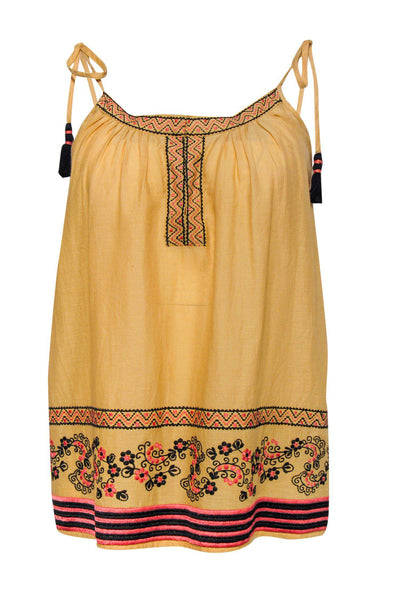 Current Boutique-Love Sam - Burnt Yellow Shoulder-Tie Tank w/ Embroidery Sz XS