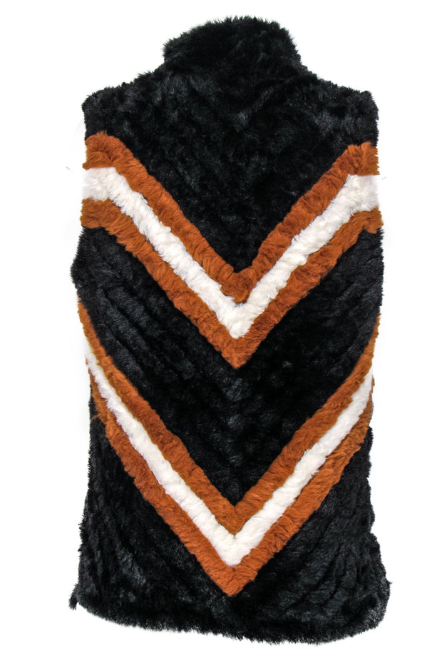 Current Boutique-Love Token - Black, Brown & White Colorblocked Faux Fur Crochet Vest Sz M