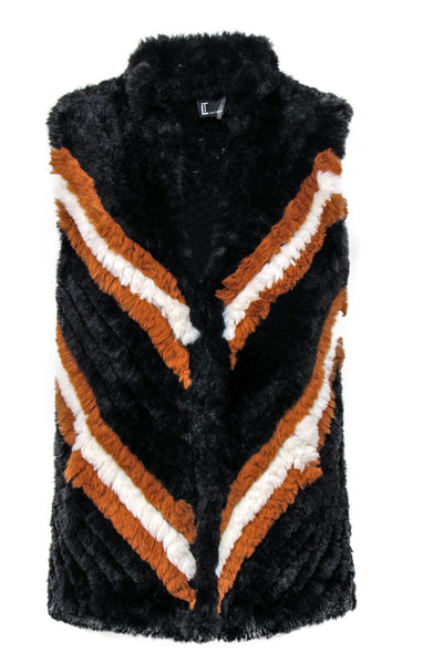 Current Boutique-Love Token - Black, Brown & White Colorblocked Faux Fur Crochet Vest Sz M