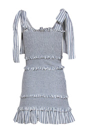 Current Boutique-LoveShackFancy - Blue & White Striped Smocked Dress w/ Ruffles & Tie Shoulders Sz S