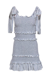 Current Boutique-LoveShackFancy - Blue & White Striped Smocked Dress w/ Ruffles & Tie Shoulders Sz S