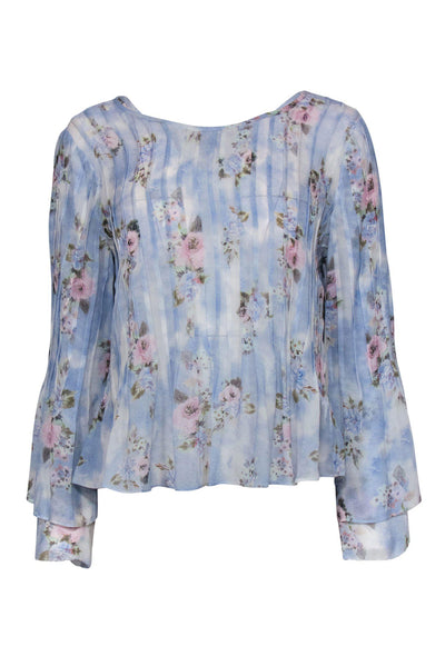 Current Boutique-LoveShackFancy - Light Blue Floral Print Silk “Paulette” Blouse Sz S