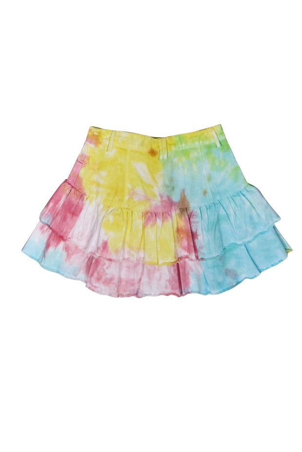 Current Boutique-LoveShackFancy - Multicolored Pastel Tie-Dye Ruffle Denim Miniskirt Sz 2