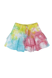 Current Boutique-LoveShackFancy - Multicolored Pastel Tie-Dye Ruffle Denim Miniskirt Sz 2