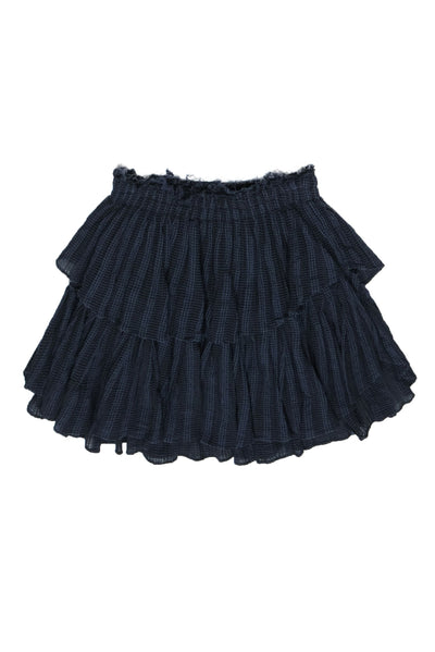 Current Boutique-LoveShackFancy - Navy & Black Plaid Tiered Frayed Cotton Miniskirt Sz XS