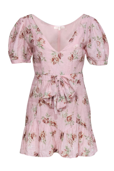 Current Boutique-LoveShackFancy - Pink Rose Print Puff Sleeve Linen Dress w/ Bow Sz S