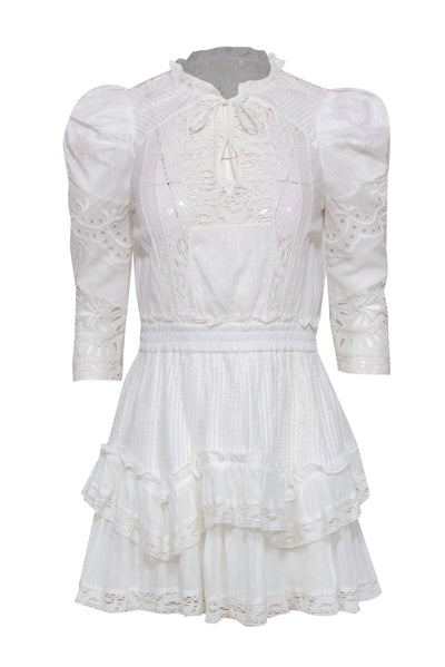 Current Boutique-LoveShackFancy - White Cotton Ruffled Eyelet Lace Mini Dress Sz XS
