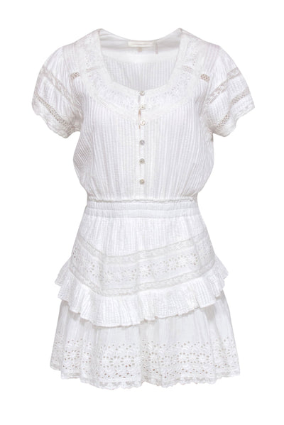 Current Boutique-LoveShackFancy - White Tiered Sheath Dress w/ Lace & Floral Eyelet Trim Sz L