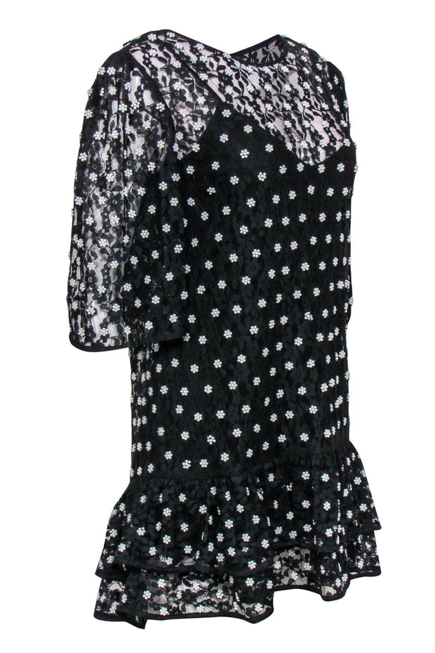 Current Boutique-Lovers + Friends - Black Lace Ruffled Hem Sheath Dress w/ Floral Pearls Sz M