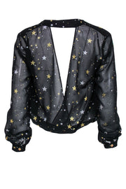 Current Boutique-Lovers + Friends - Black, Silver & Gold Star Print Cropped Blouse w/ Back Cutout Sz XS