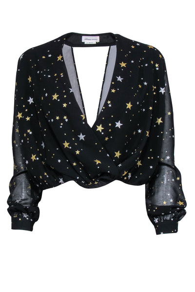 Current Boutique-Lovers + Friends - Black, Silver & Gold Star Print Cropped Blouse w/ Back Cutout Sz XS