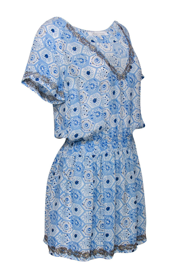 Current Boutique-Lovers + Friends - Blue & White Hexagon Print Dress w/ Floral Details Sz S