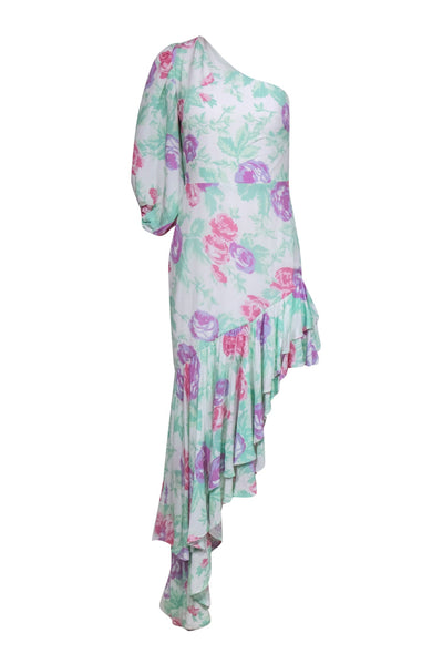 Current Boutique-Lovers + Friends - Blush, & Mint Rose Print Maxi Dress One Shoulder Design & Ruffle Asymmetrical Hem Sz S