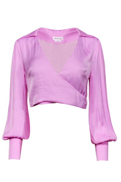 Current Boutique-Lovers + Friends - Lilac Satin Long Sleeve Cropped Wrap Blouse Sz S