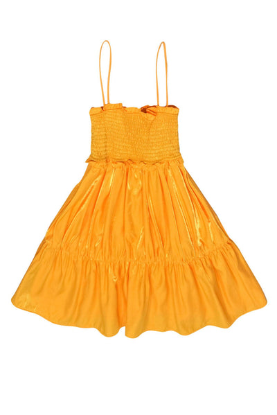 Current Boutique-Lovers + Friends - Metallic Yellow Satin Ruffled Smocked Bust Sundress Sz XS