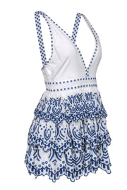 Current Boutique-Lovers + Friends - White Ruffled Mini Plunge Dress w/ Blue Embroidery Sz S