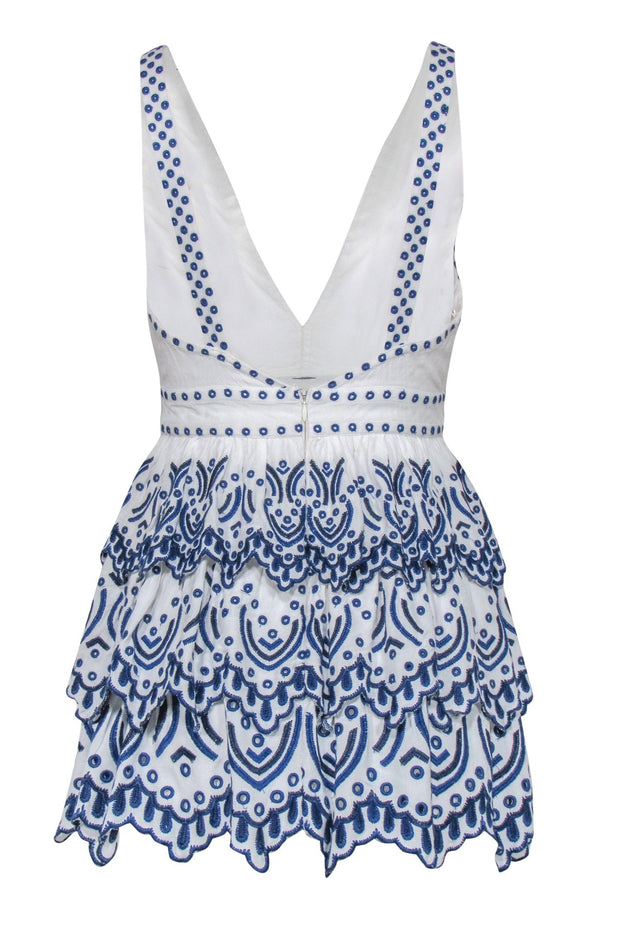 Current Boutique-Lovers + Friends - White Ruffled Mini Plunge Dress w/ Blue Embroidery Sz S