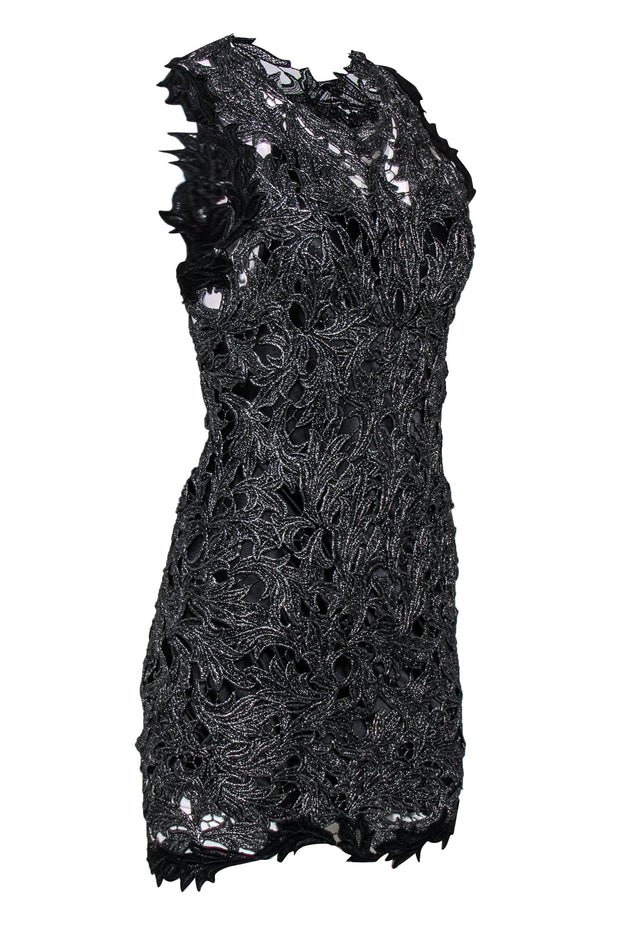 Current Boutique-M & Guia for Intermix - Silver Metallic Lace Sheath Dress w/ Back Cutout Sz S