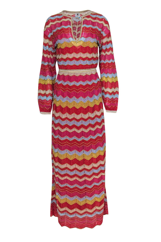 Current Boutique-M Missoni - Pink, Blue & Gold Metallic Chevron Knit Long Sleeve Maxi Dress Sz 4