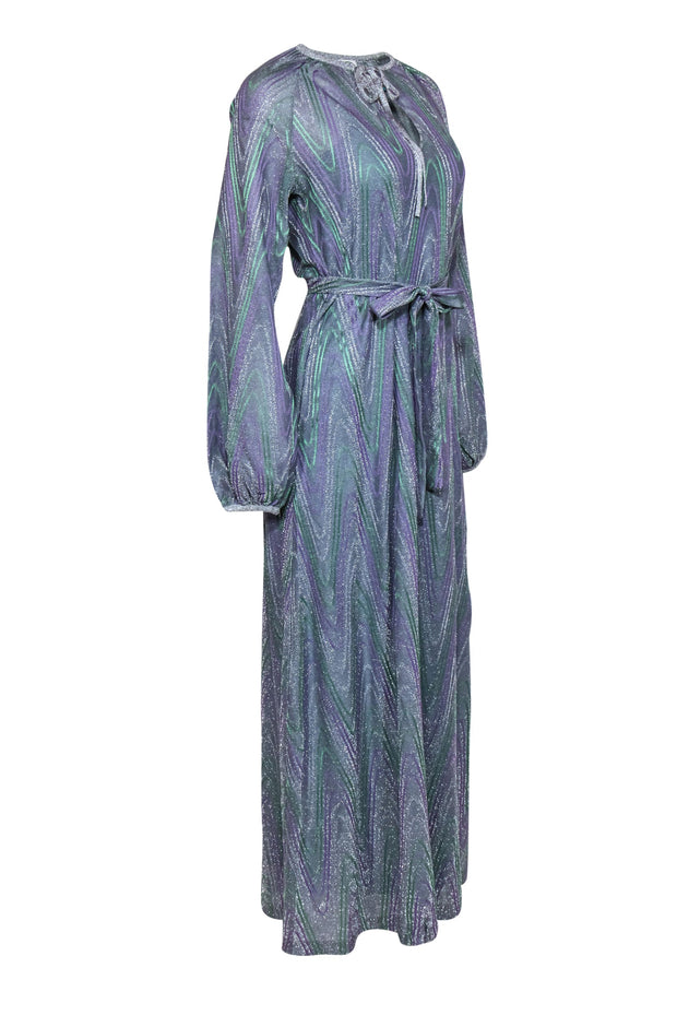 Current Boutique-M Missoni - Purple, Green & Silver Sparkly Knit Wood Grain Print Velvet Maxi Dress Sz XS