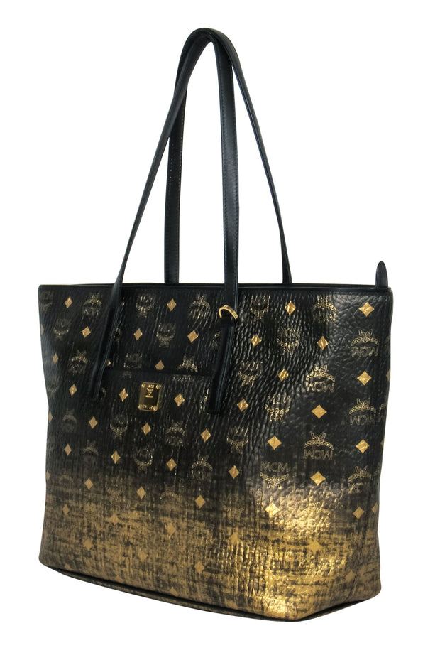 Current Boutique-MCM - Black & Gold Pebbled Leather Ombre Monogram Print Tote