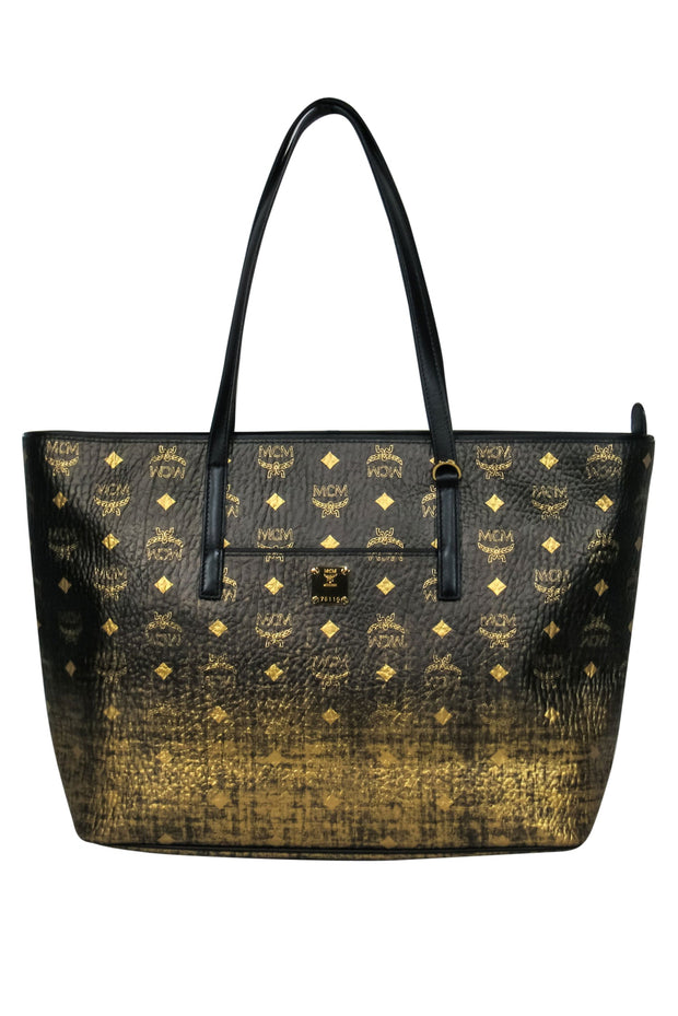 MCM - Black & Gold Pebbled Leather Ombre Monogram Print Tote