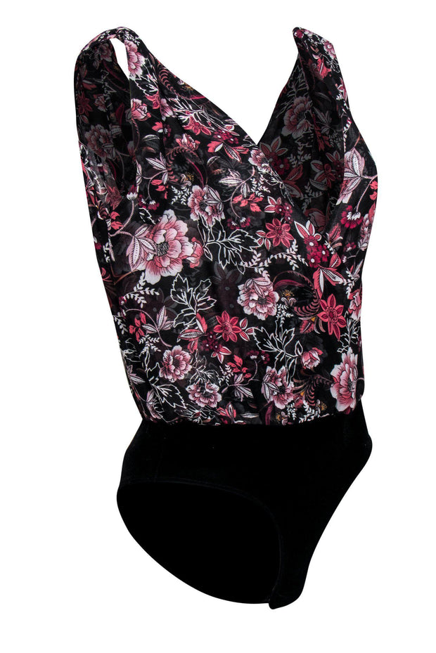 Current Boutique-MISA Los Angeles - Black & Pink Floral Bodysuit w/ Velvet Bottom Sz S
