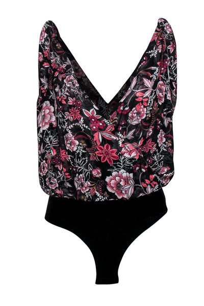 Current Boutique-MISA Los Angeles - Black & Pink Floral Bodysuit w/ Velvet Bottom Sz S