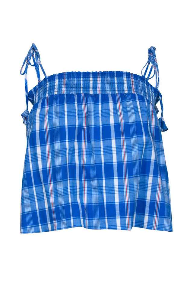 Current Boutique-MISA Los Angeles - Blue, White & Red Plaid Smocked Boxy Tank w/ Tied Straps Sz S