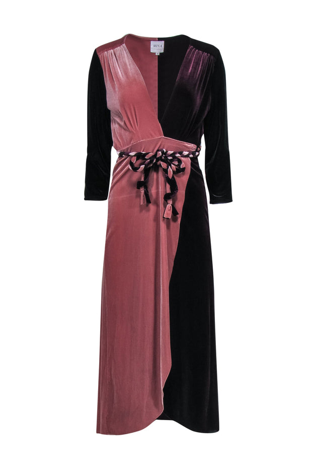 Current Boutique-MISA Los Angeles - Burgundy & Blush Velvet Wrap Dress w/ Braided Tie Sz M