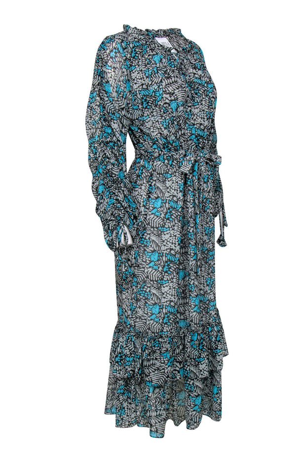 Current Boutique-MISA Los Angeles - Grey & Blue Print Long Sleeve Tiered Maxi Dress Sz M