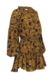 Current Boutique-MISA Los Angeles - Mustard Tie Front Floral Print Ruffle Puff Sleeve Mini Dress Sz M