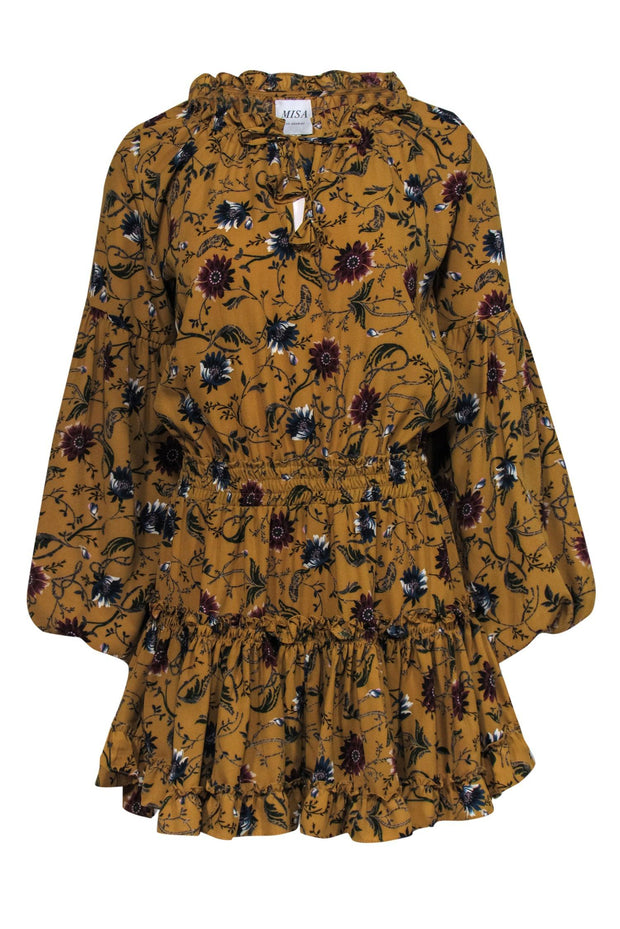 Current Boutique-MISA Los Angeles - Mustard Tie Front Floral Print Ruffle Puff Sleeve Mini Dress Sz M