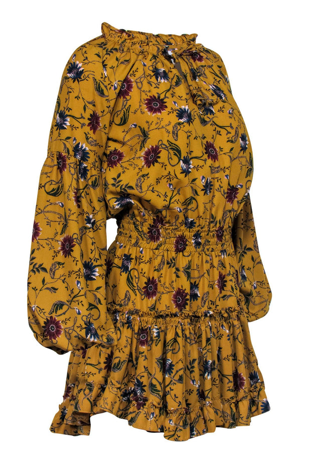 Current Boutique-MISA Los Angeles - Mustard Yellow Floral Silky Floral Peasant Dress Sz XS