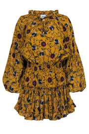 Current Boutique-MISA Los Angeles - Mustard Yellow Floral Silky Floral Peasant Dress Sz XS