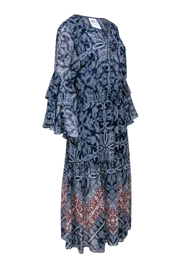 Current Boutique-MISA Los Angeles - Navy & White Printed Maxi Dress w/ Ruffle Sleeves Sz M