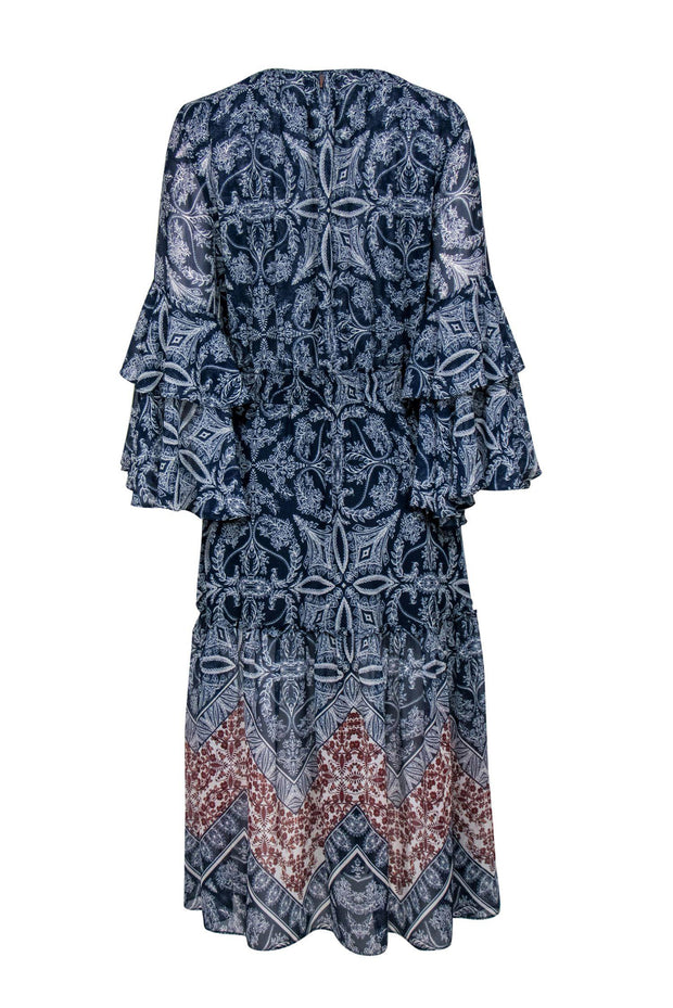 Current Boutique-MISA Los Angeles - Navy & White Printed Maxi Dress w/ Ruffle Sleeves Sz M