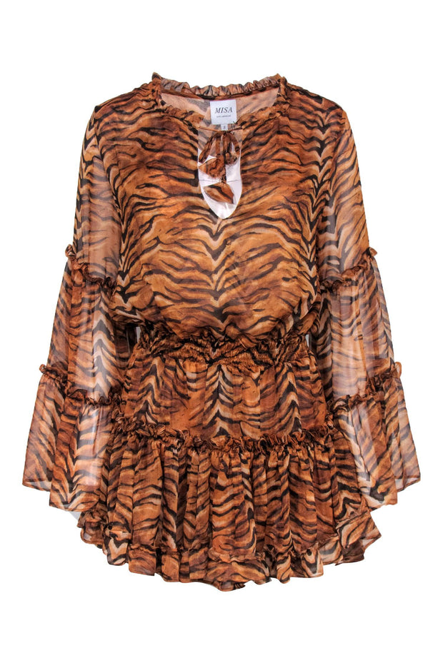 Current Boutique-MISA Los Angeles - Orange & Black Tiger Print Dress w/ Bell Sleeves Sz S