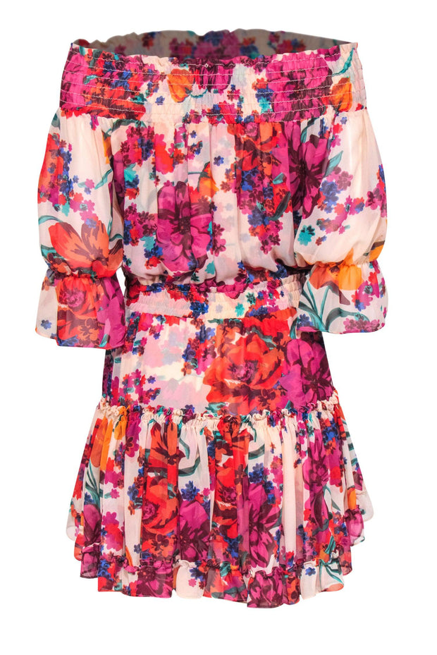 Current Boutique-MISA Los Angeles - Peach & Multicolor Floral Off-The-Shoulder Tiered Dress Sz M